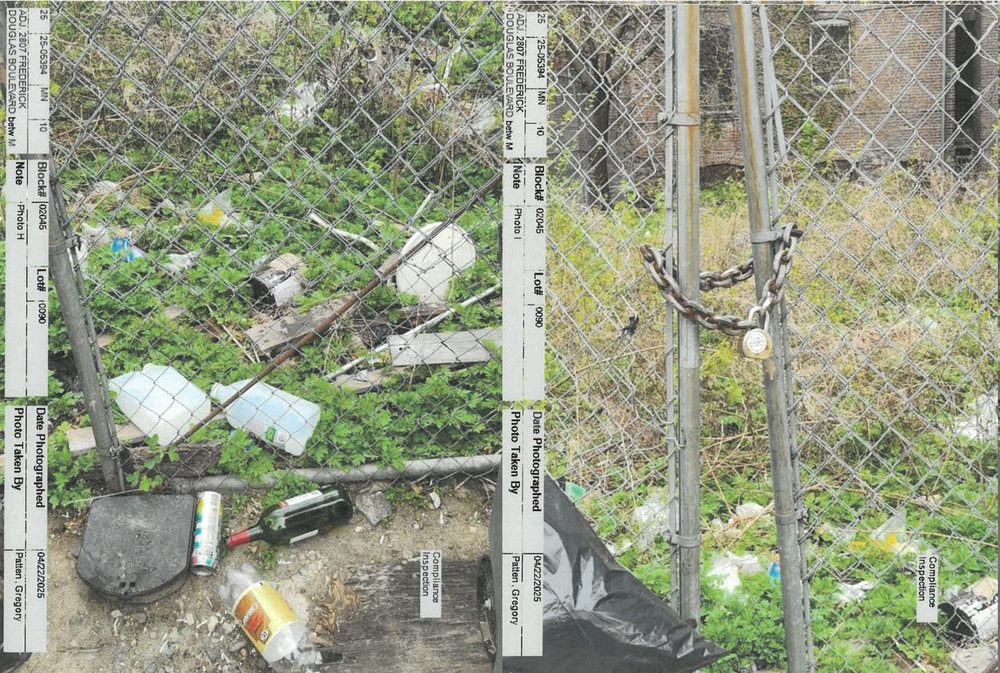 An overgrown lot that is behind a locked chain linked fence..