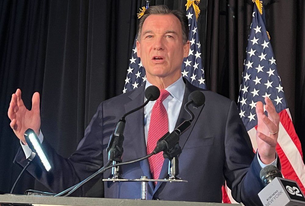 Tom Suozzi delivers his victory speech on Long Island.