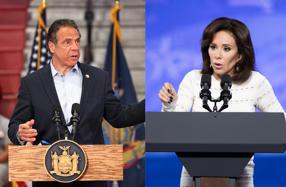 Left: Gov. Andrew Cuomo speaks during a 2021 press conference on coronavirus. Right: Jeanine Pirro speaking at the American Conservative Union's 2017 Conservative Political Action Conference.