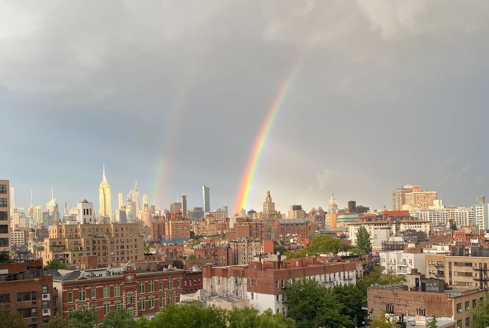 A double rainbow is seen from the WNYC newsroom on Monday, Sept. 11, 2023.