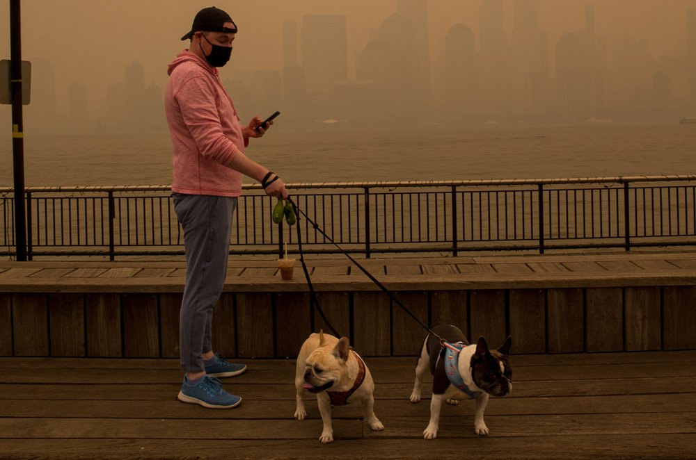 View of Manhattan from Jersey City on a foggy day resulting from wildfires in Canada.