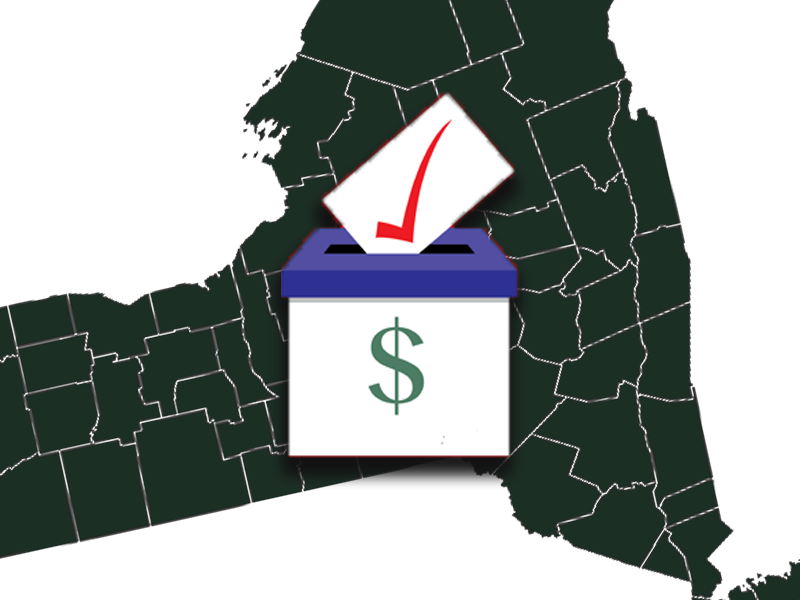 An outline of New York state with a ballot box and a dollar sign overlayed