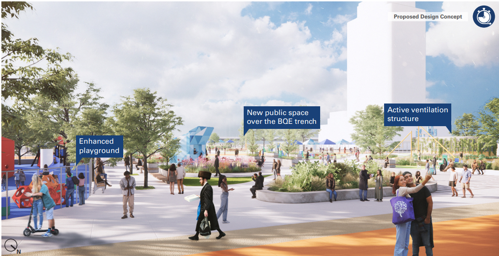 A rendering of a public space in Williamsburg above the BQE.