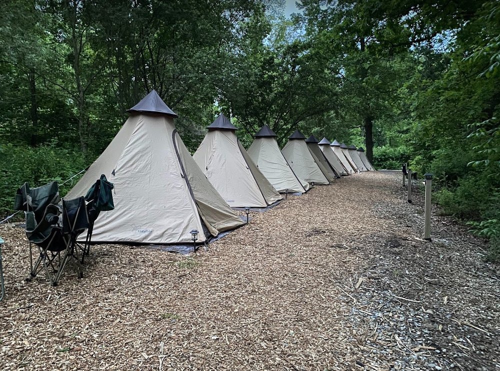 A row of tents along a mulched wood path