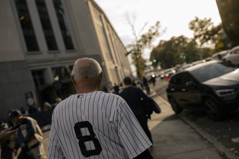 The sun sets as Don Hudson enters Yankee stadium.