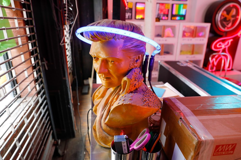A cheap bust of Elvis with a custom neon halo.