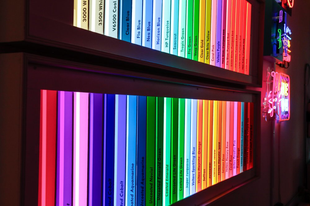 Neon colors arranged in the order of the rainbow.