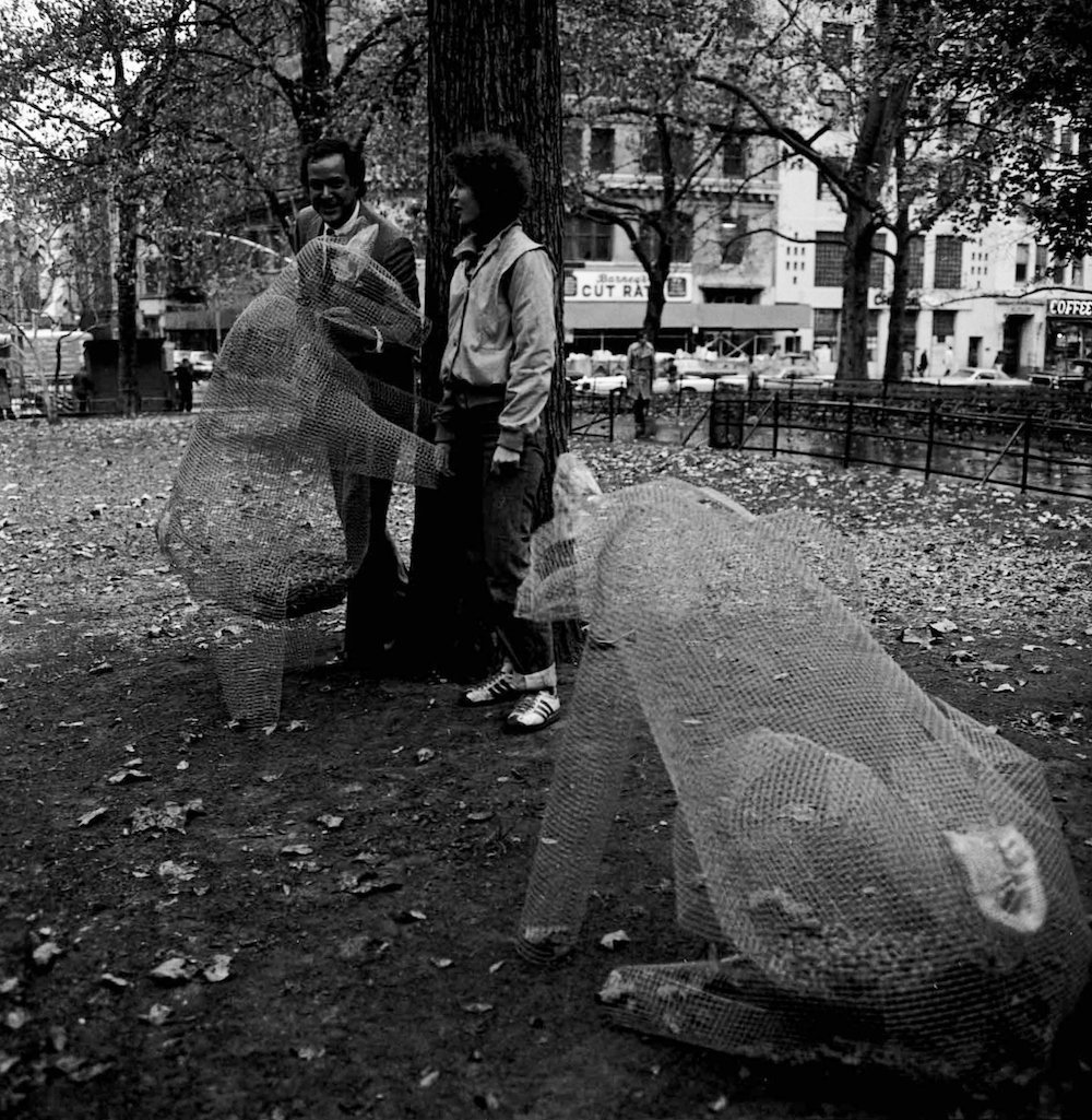 a3541295811christy-rupp-food-chain-piece-2-1978-1-jpgedit-jpg.jpeg Christy Rupp, Food Chain Piece, 1978, City Hall Park, Manhattan, NYC Parks Photo Archive. Christy Rupp’s Food Chain Piece (1978) consisted of translucent bear-shaped wire mesh sculptures laced with nuts to feed the squirrels of City Hall Park, merging prey and predator in an “animal behavioral sculpture.”<br/>