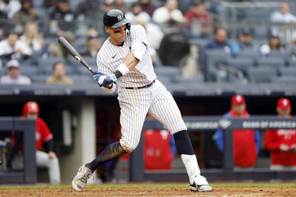 Aaron Judge of the New York Yankees swings during the third inning against the Philadelphia Phillies at Yankee Stadium, April 5, 2023