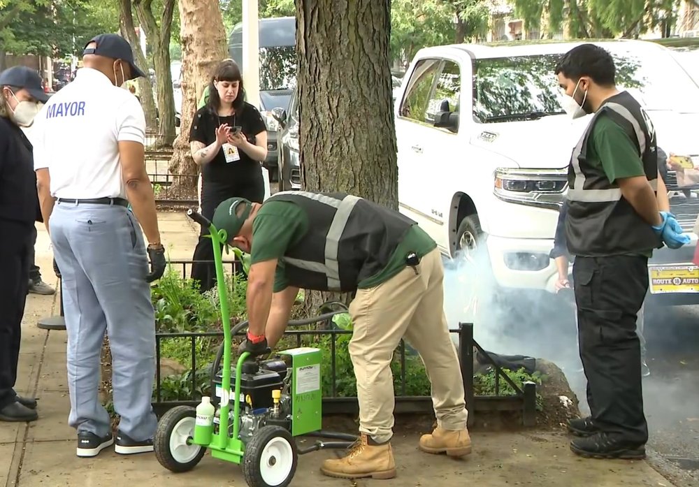 New York City Mayor Eric Adams participates in a demonstration of a new strategy to kill rats in Brooklyn on June 22, 2025.