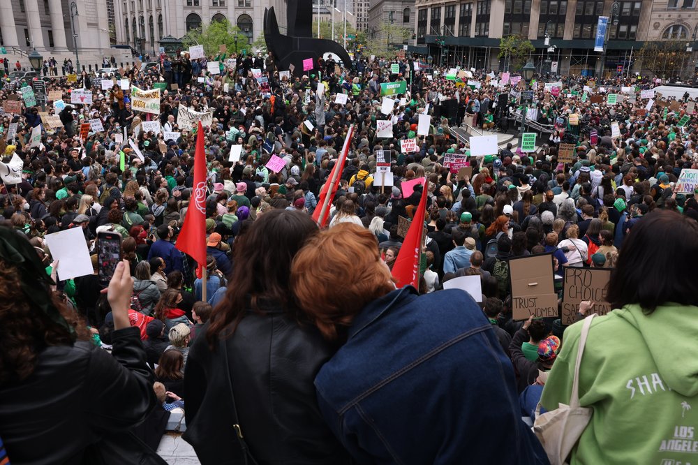 A crowd gathers at Foley Square to protest against a potentially groundbreaking Supreme Court decision that would strike down Roe v. Wade.