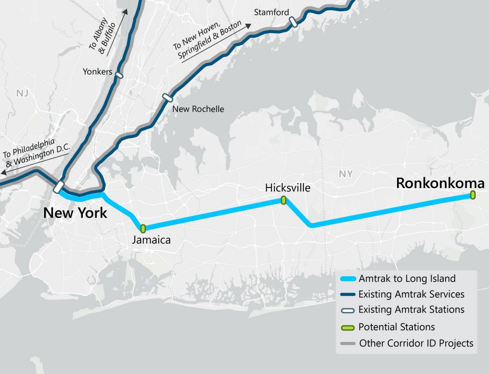 A map showing Amtrak's proposed route to Ronkonkoma. It shows the existing Amtrak service out of Penn Station, which travels either up to the Bronx to Connecticut, up the Hudson River or out to New Jersey. It shows a new line in a different color that would connect Penn Station to Ronkonkoma along with stations in Hicksville and Jamaica, Queens.