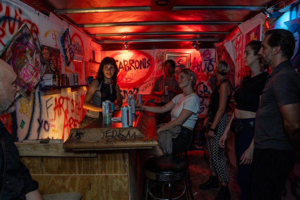 Inside a Mars Bar-esque box truck bar created for the "Caught Stealing" promotion Monday night.