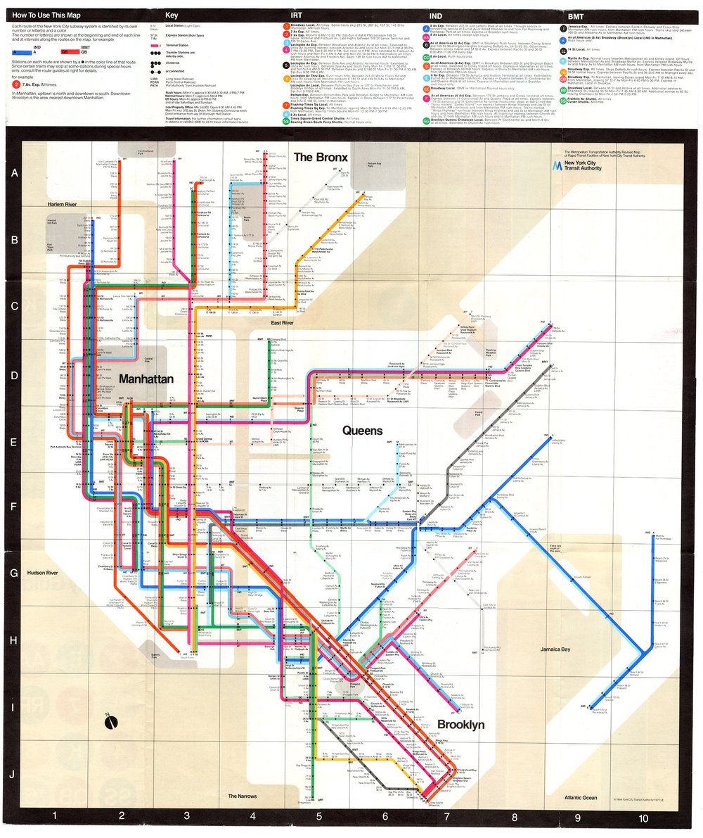 b2fccb2b8new-york-subway-guide-1972-jpg.jpeg Unimark International designers Bob Noorda and Massimo Vignellli organized and cleaned up earlier diagrammatic maps, compressing space, straightening curves, simplifying routes and eliminating street orientations. The result was Vignelli’s iconic 1972 diagrammatic map.<br/>