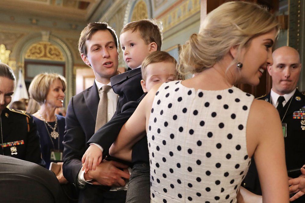 b6945cbb8gettyimages-681048434-jpg.jpeg Ivanka Trump (right), Jared Kushner, White House senior advisor to the president for strategic planning, and two of their children greet members of the armed forces and their families during an event celebrating National Military Appreciation Month and National Military Spouse Appreciation Day in the Eisenhower Executive Office Building on May 9, 2017.