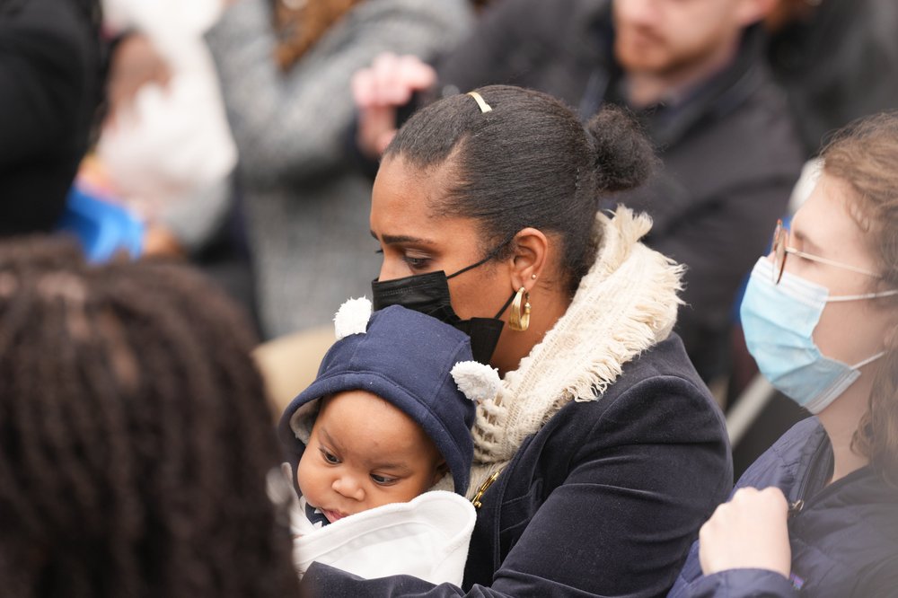 Attendees listen as Mayor Adams shared the details of new doula initiative outside the Brownsville Neighborhood Health Action Center, March 23, 2022