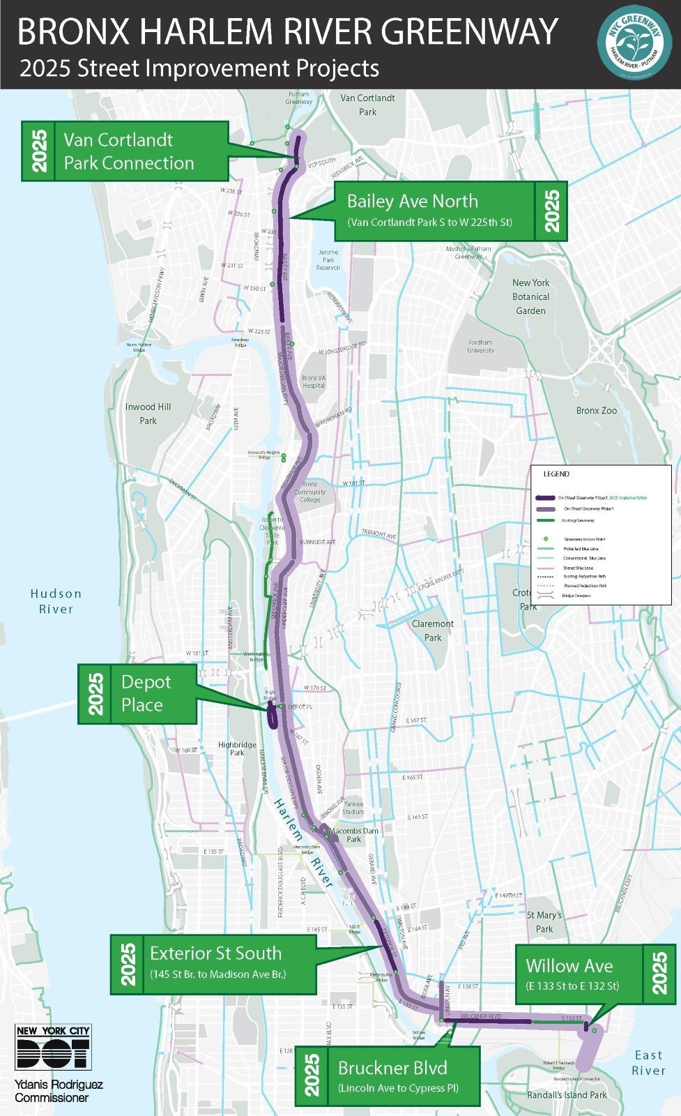 A map of the Harlem River Greenway, featuring six projects set to be completed in 2025.