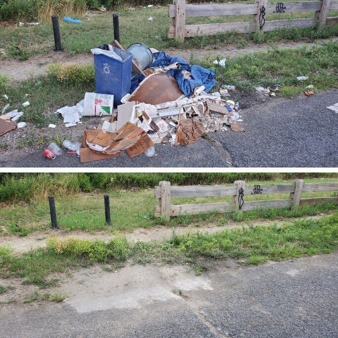 A before and after image of a pile of refuse left on the side of the road, along with an image of the area after it was cleaned.