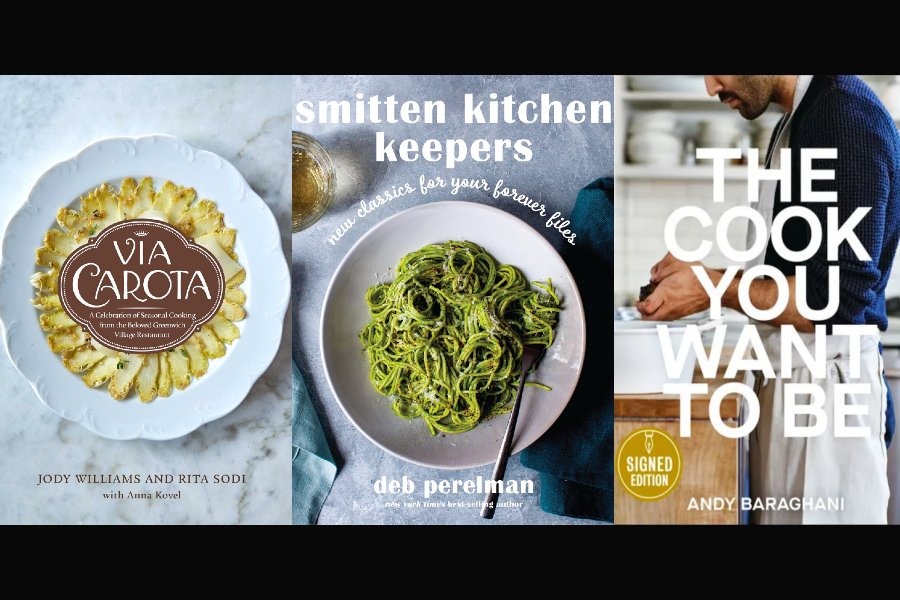 A photo montage of Via Carota by Rita Sodi & Jody Williams, Smitten Kitchen Keepers: New Classics For Your Forever Files by Deb Perelman, and The Cook You Want To Be by Andy Baraghani