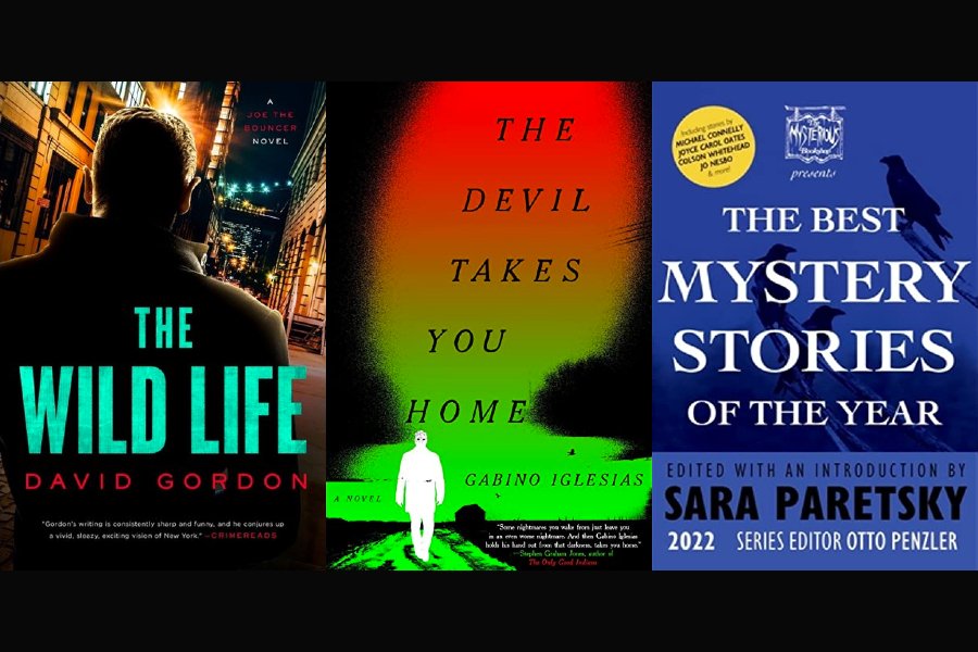 A photo montage of The Wild Life: A Joe The Bouncer Novel by David Gordon, The Devil Takes You Home by Gabino Iglesias, and The Best Mystery Stories Of The Year, 2022, edited by Sara Paretsky and Otto Penzler