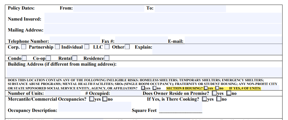 A portion of an application for property insurance