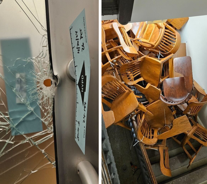 Side by side images of a bullet hole through a glass door and chairs piled in a stairwell.