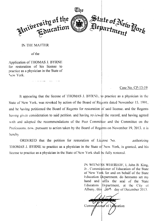 Byrne medical license restoration order