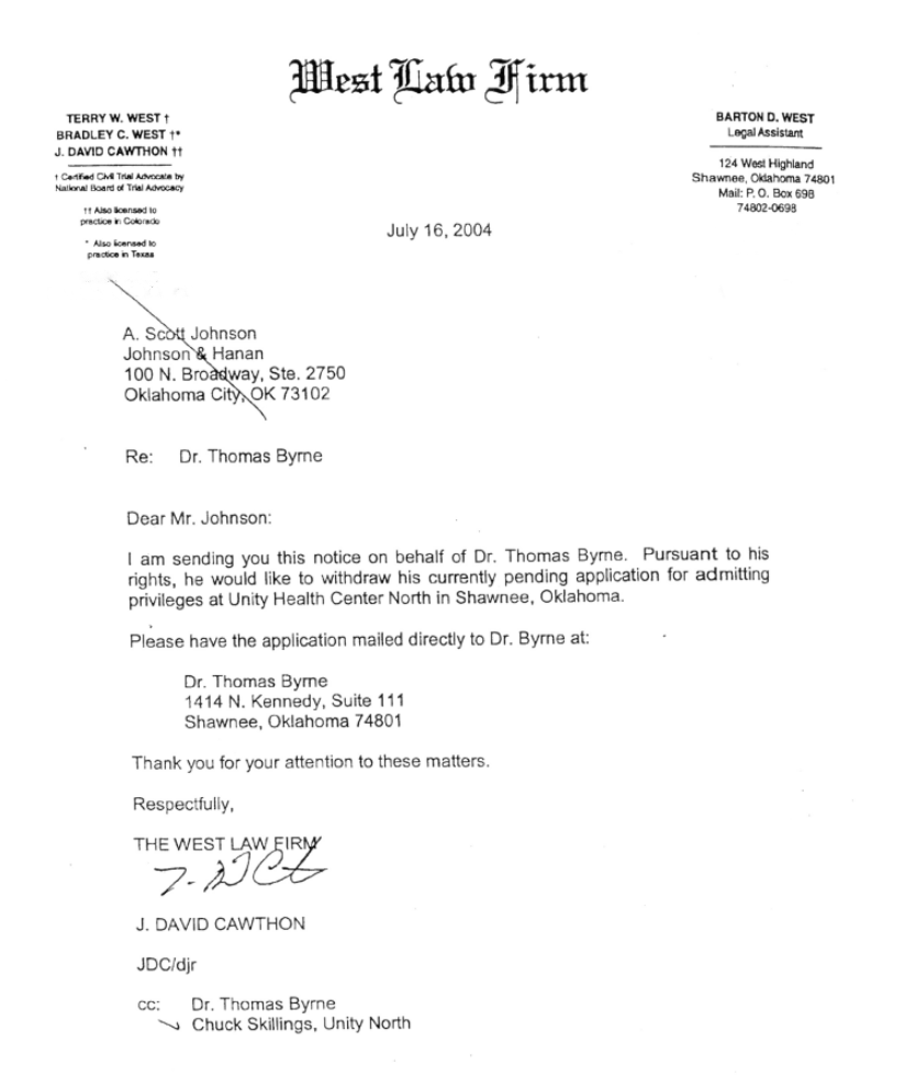 Attorney letter withdrawing Byrne's application for privileges