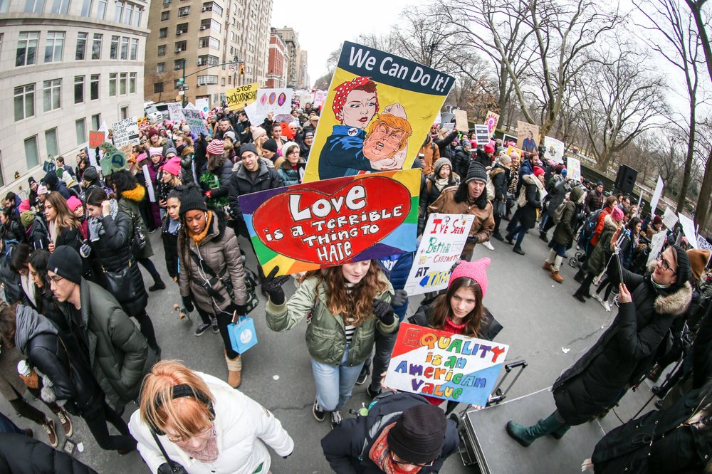 People participating in the NYC Women's March (William Volcov/Shutterstock)