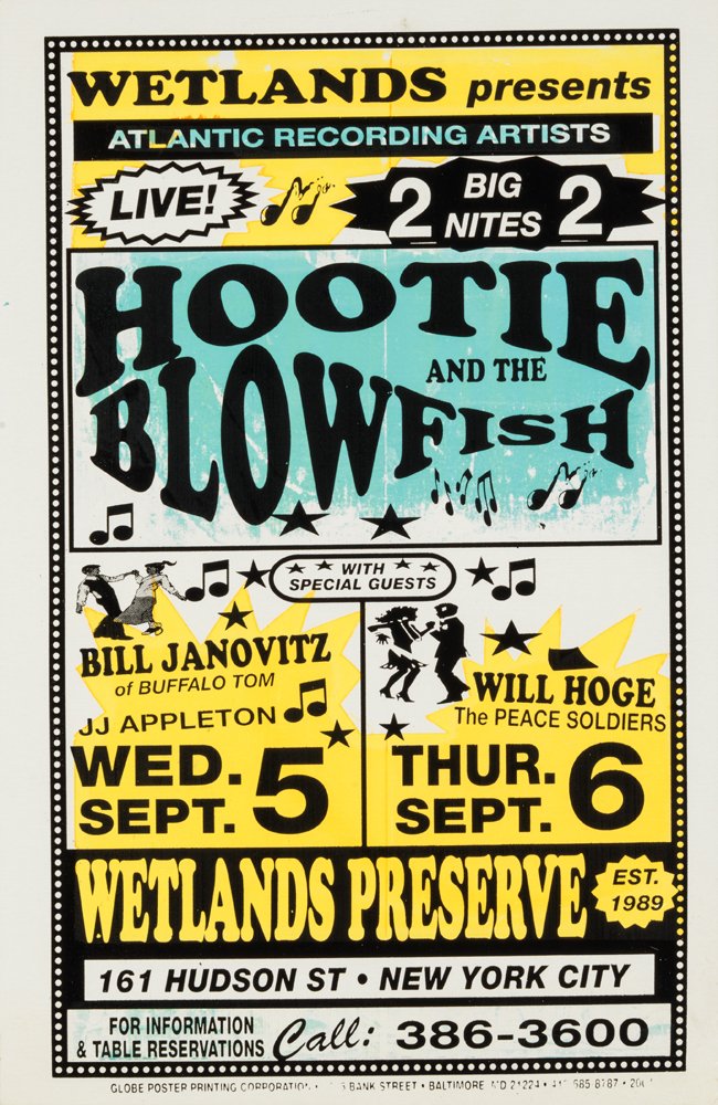 c78a27a72523-jpg.jpeg "Hootie and the Blowfish" (2001) - This poster is for a thank-you concert during the final weeks of the Wetlands Preserve acting as a nightclub in NYC. The venue was unique because it had an environmental and social justice slant, raising over a million dollars during its twelve-year run. The space is now a home for eight-figure luxury condos down on Hudson Street. (This poster appeared in Poster House's pop up exhibit, "Gone Tomorrow.")