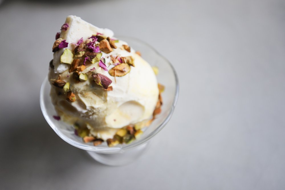 Traditional Persian ice cream with saffron, rosewater and pistachio<br/>