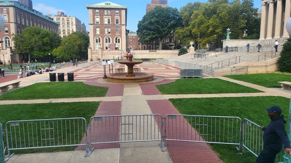 Security barriers set up around Columbia University's campus.