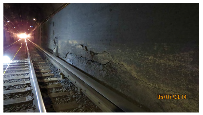 A crack near a third rail in the North River Tunnel below the Hudson River.
