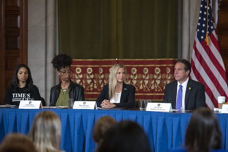 Governor Andrew M. Cuomo at a press conference with Mia Sorvino and other Times's Up advocates in the Red Room at the State Capitol.