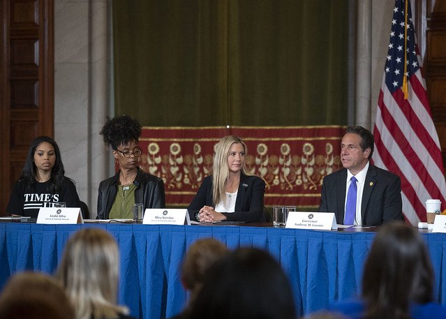 Governor Andrew M. Cuomo at a press conference with Mia Sorvino and other Times's Up advocates in the Red Room at the State Capitol.
