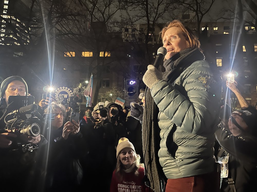 Cynthia Nixon spoke at the rally for access to gender-affirming care near NYU Langone Monday evening. Nixon has a trans son.