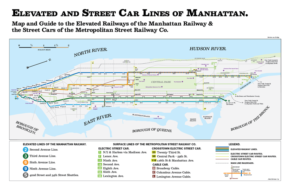 d548069dbmanhattan-1899-png.png This map depicts Manhattan's elevated, trolley and cable car system in 1899, which, Berman says, was "immediately before the first subway was built. The els were powered by steam during this era, and made a gigantic racket running up and down the avenues-- never mention the smoke and the pollution."<br>