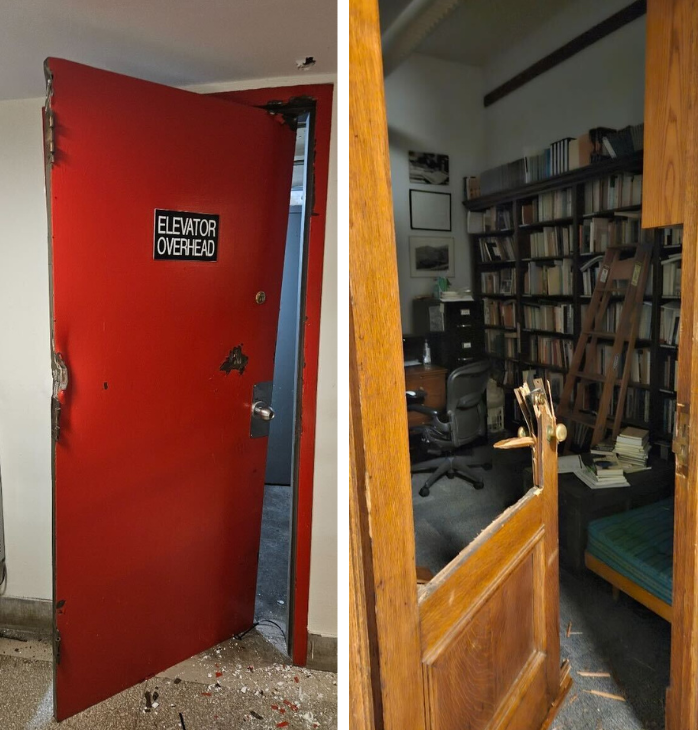 Side by side images of damaged doors.