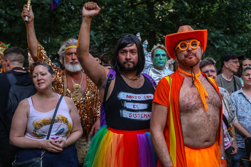 Extravagantly adorned participants in a parade