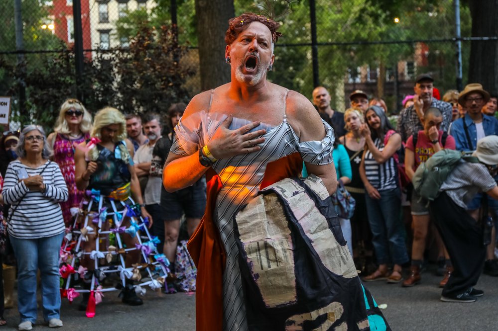 Extravagantly adorned participants in a parade
