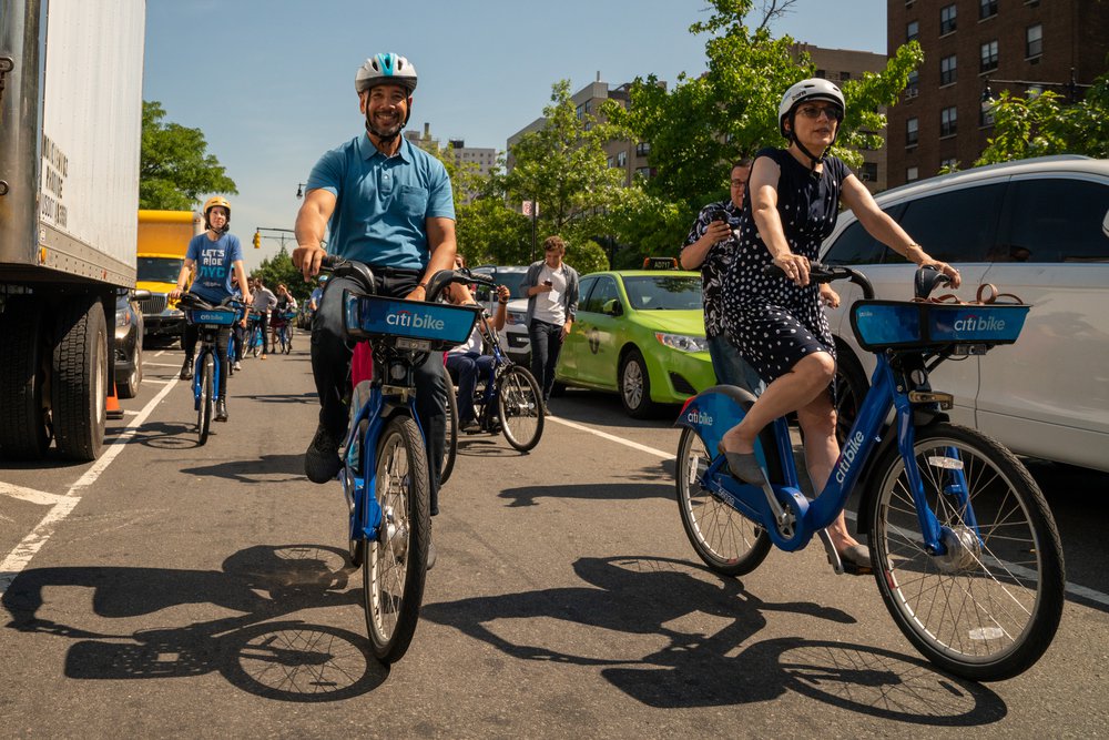eb8ba69f0a7r04937-jpg.jpeg The bike lane they'd planned to use was blocked by trucks and city vehicles, so Bronx Borough President Ruben Diaz Jr. and DOT Commissioner Polly Trottenberg took the street