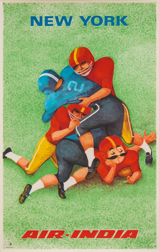 edcb615caph000090-jpg.jpeg "Air India/New York" by an Unknown Artist, 1974 - This is one of many lighthearted posters created by Air India to promote their international service. For NYC, they decided to show Maharaja, their mustachioed mascot, at the bottom of a pile of football players.