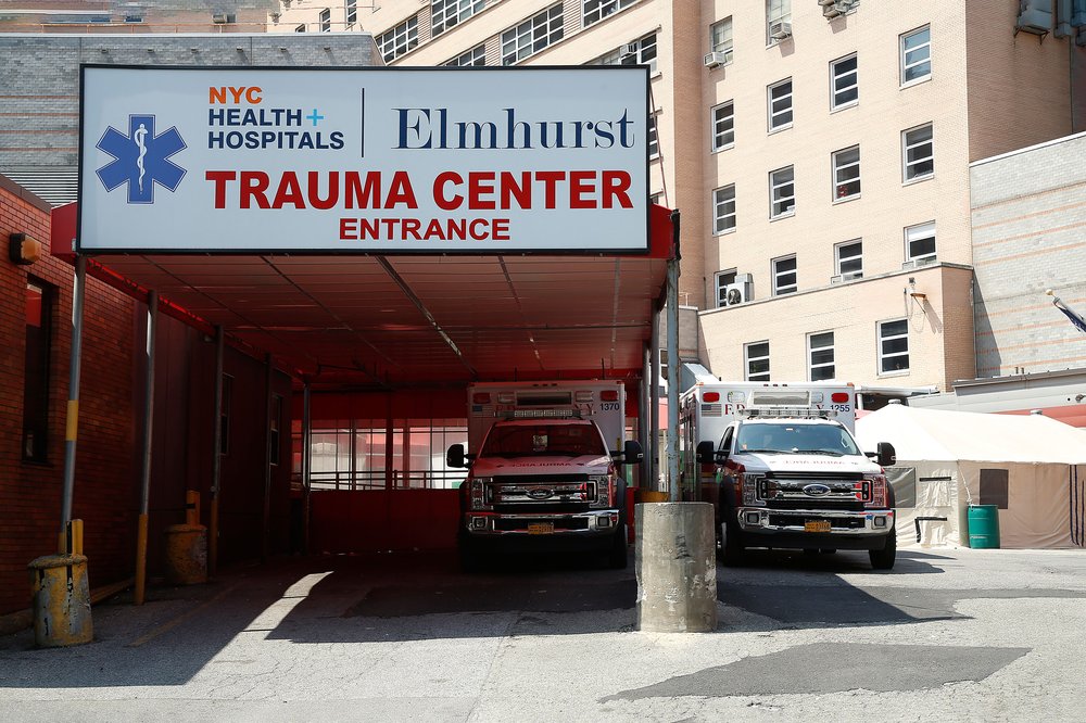 Exterior view of Elmhurst Hospital trauma center in Queens, April 25, 2020.