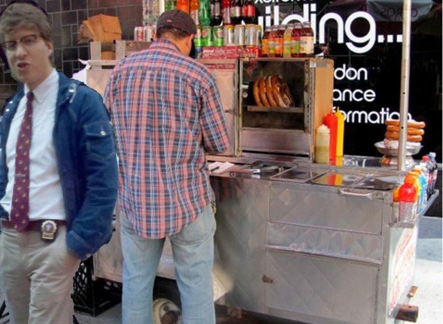 Hipster Cop with food. (Flickr user <a href="http://www.flickr.com/photos/lucyrk/4986614395/">Lucyrk in LA</a>)