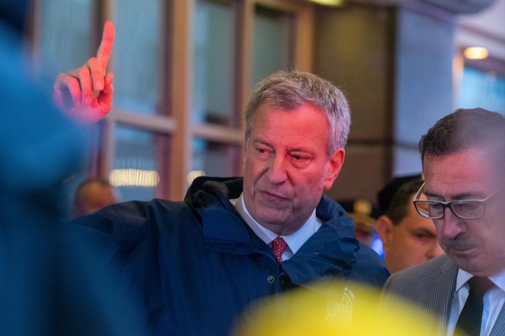 Mayor Bill de Blasio at the press conference regarding the helicopter crash outside 787 7th Avenue (David "Dee" Delgado /  Gothamist)