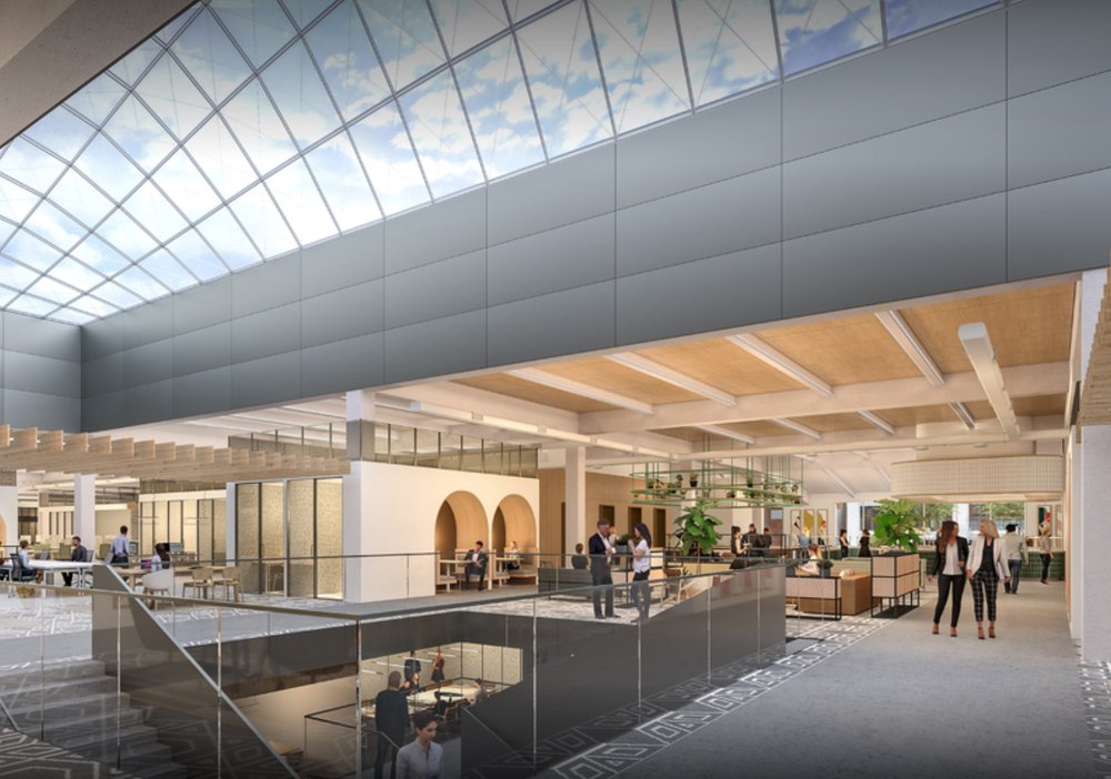 Farley Post Office Building Rendering of interior of the office space, with skylights