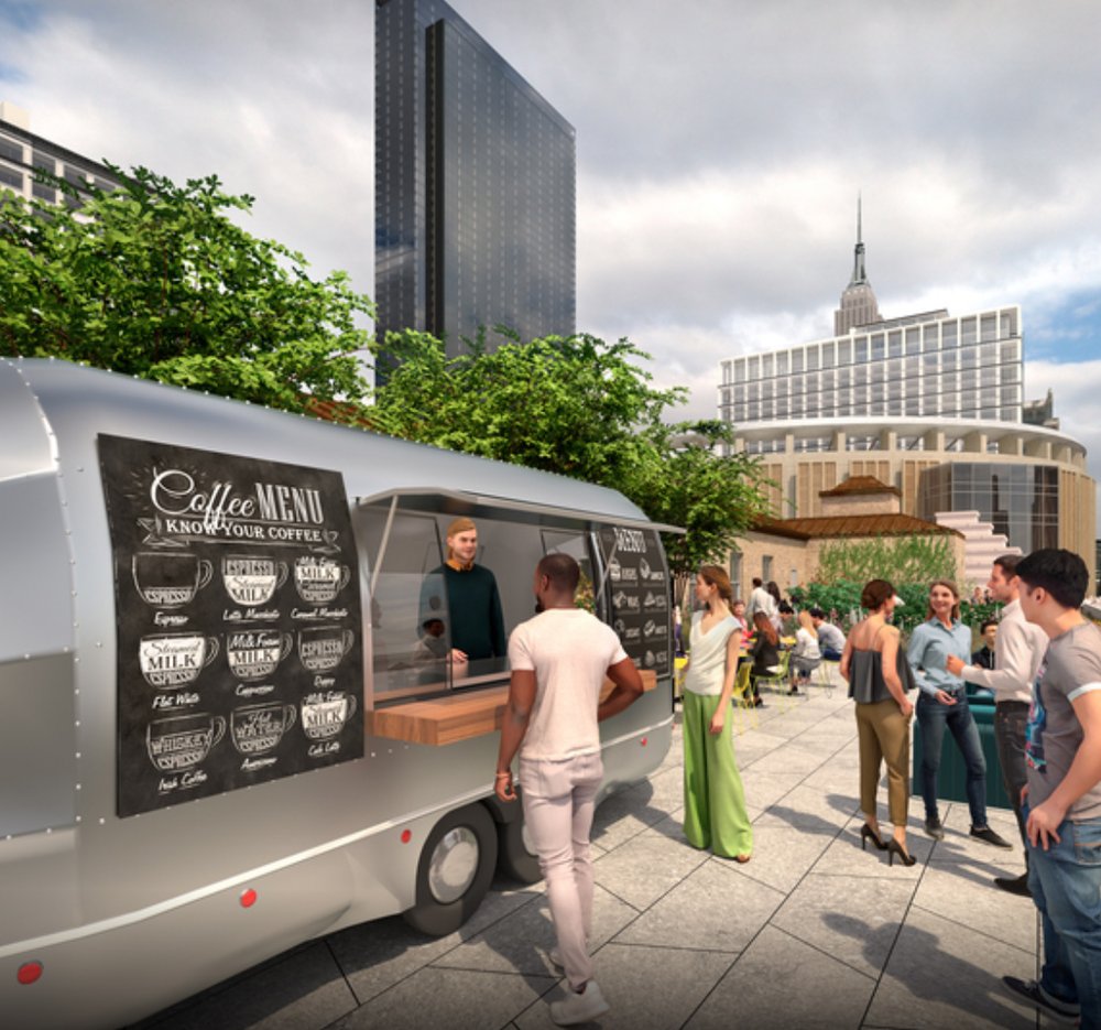 Farley Post Office Building Another rendering of food options and courtyard space, with the Empire State Building and Madison Square Garden in the distance