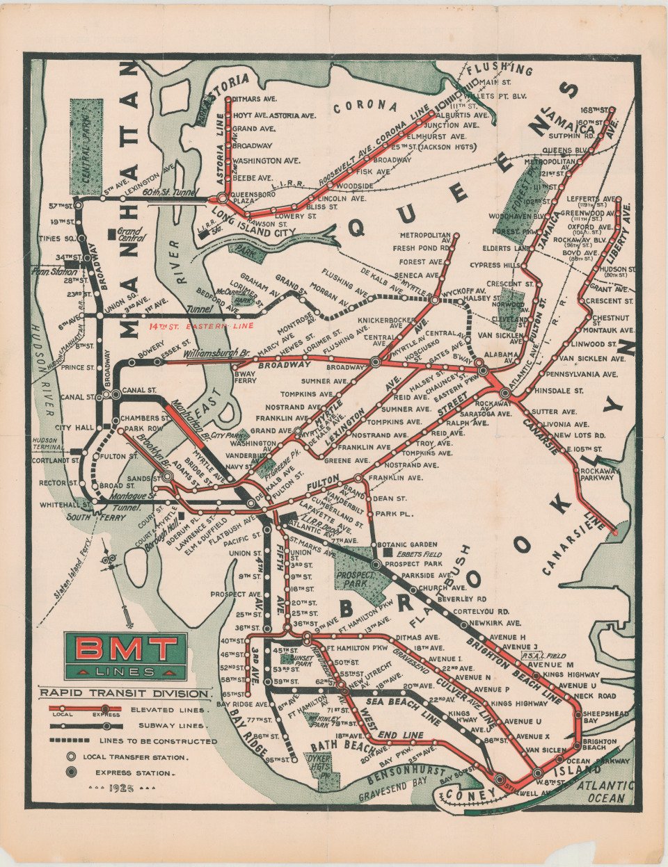 fe38cbc97bmt-line-1925-jpg.jpeg This 1925 map of the Brooklyn-Manhattan Transit (BMT) lines used color coding to distinguish between elevated lines (shown in red) and underground lines (show in black).<br/>