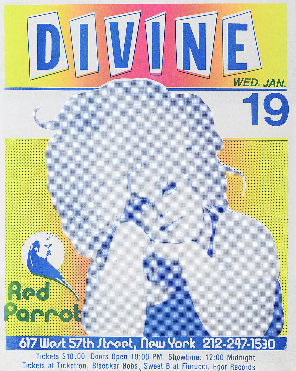 fed0b3b91ph-20181113_1885-jpg.jpeg "Divine" by an Unknown Artist, 1983 - Known for it's 10-foot-high neon parrot sculpture, The Red Parrot was an avant-garde cabaret and music venue in NYC up through 1988.