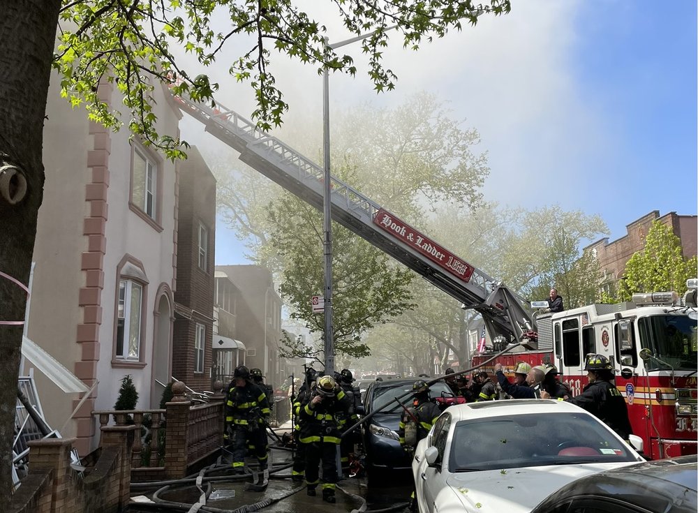 Firefighters battle the four-alarm blaze in Bensonhurst, Brooklyn on Tuesday, April 23 2024.